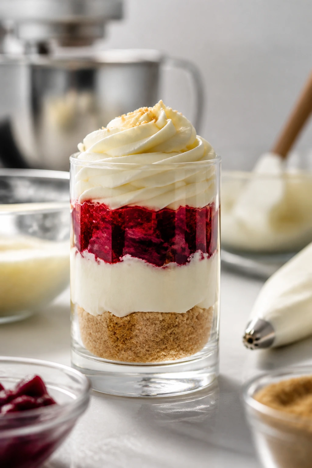 Parfait glass with crisp layers, bright kitchen light, blurred background.