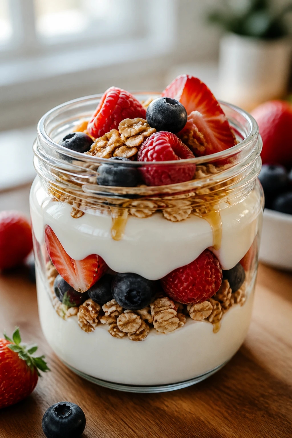 Parfait jar with yogurt and berry layers