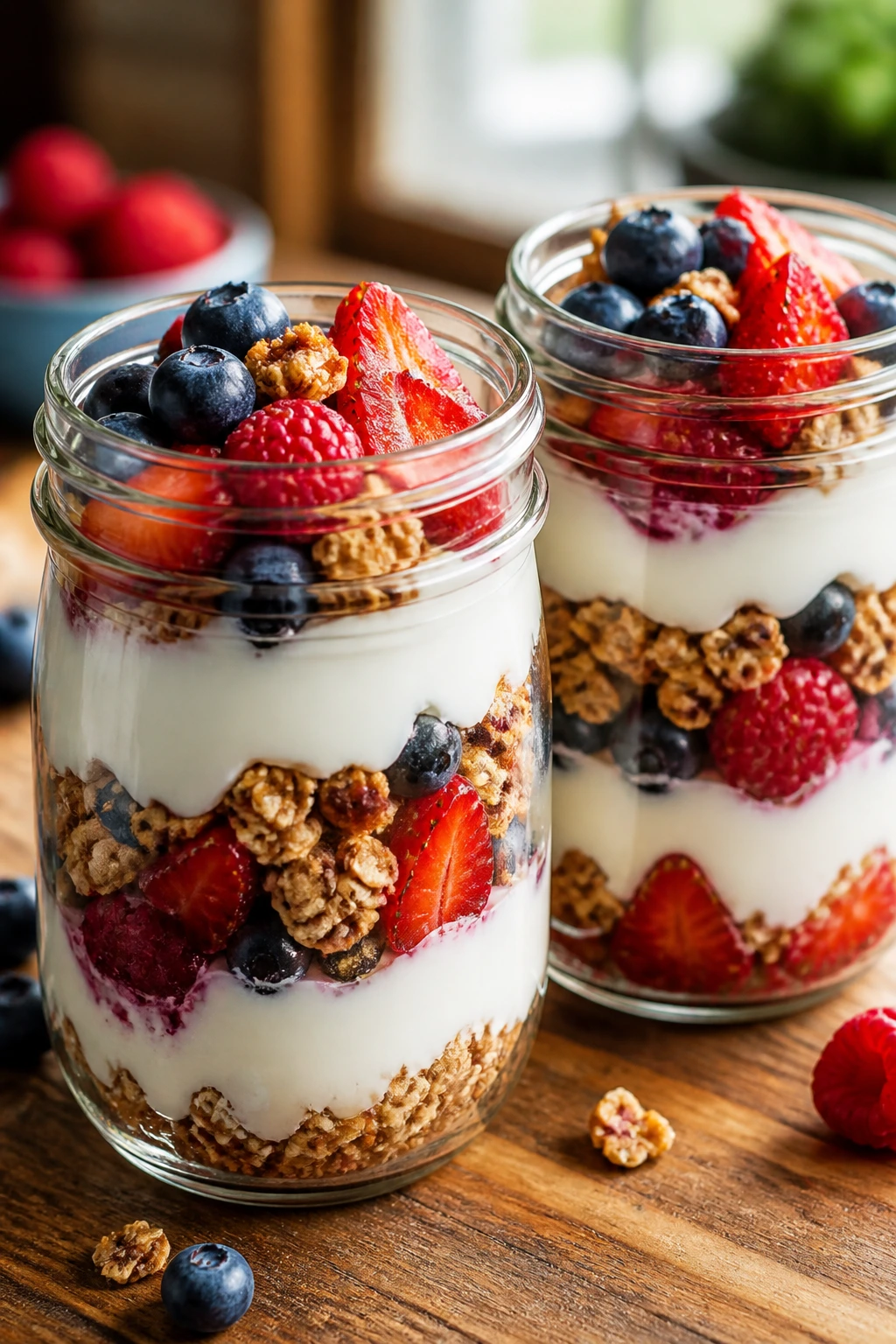 Close-up of Berry Parfait Jars with yogurt, berries and granola on a wooden counter