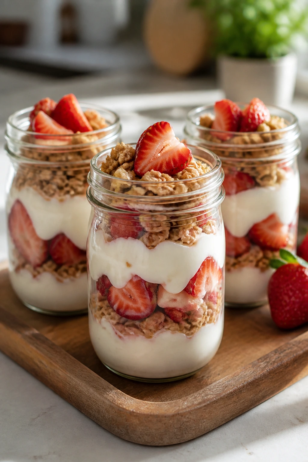 Parfait jars with yogurt, strawberries, and granola on a wooden tray.