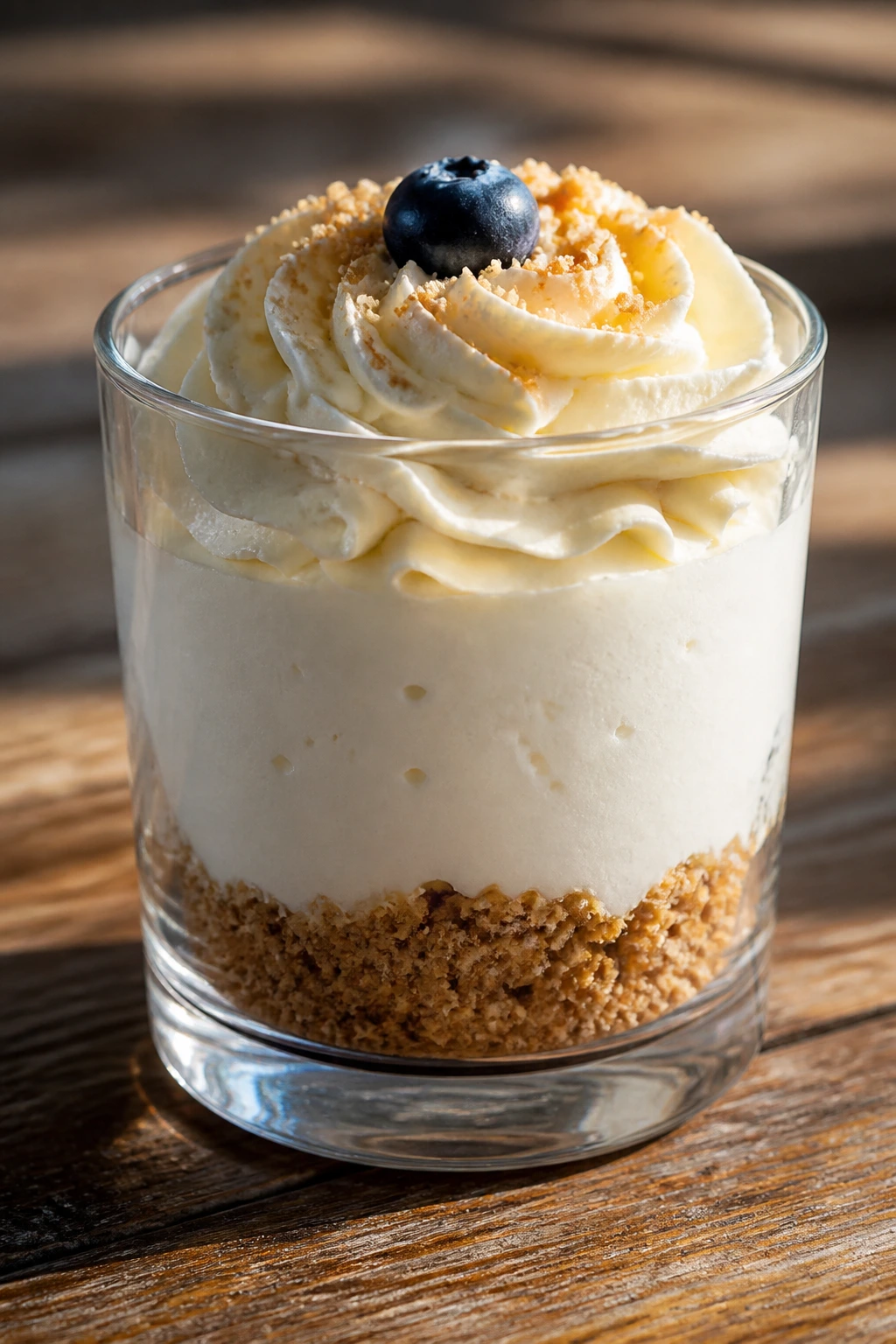 Parfait with visible layers on a rustic wooden table in morning light.