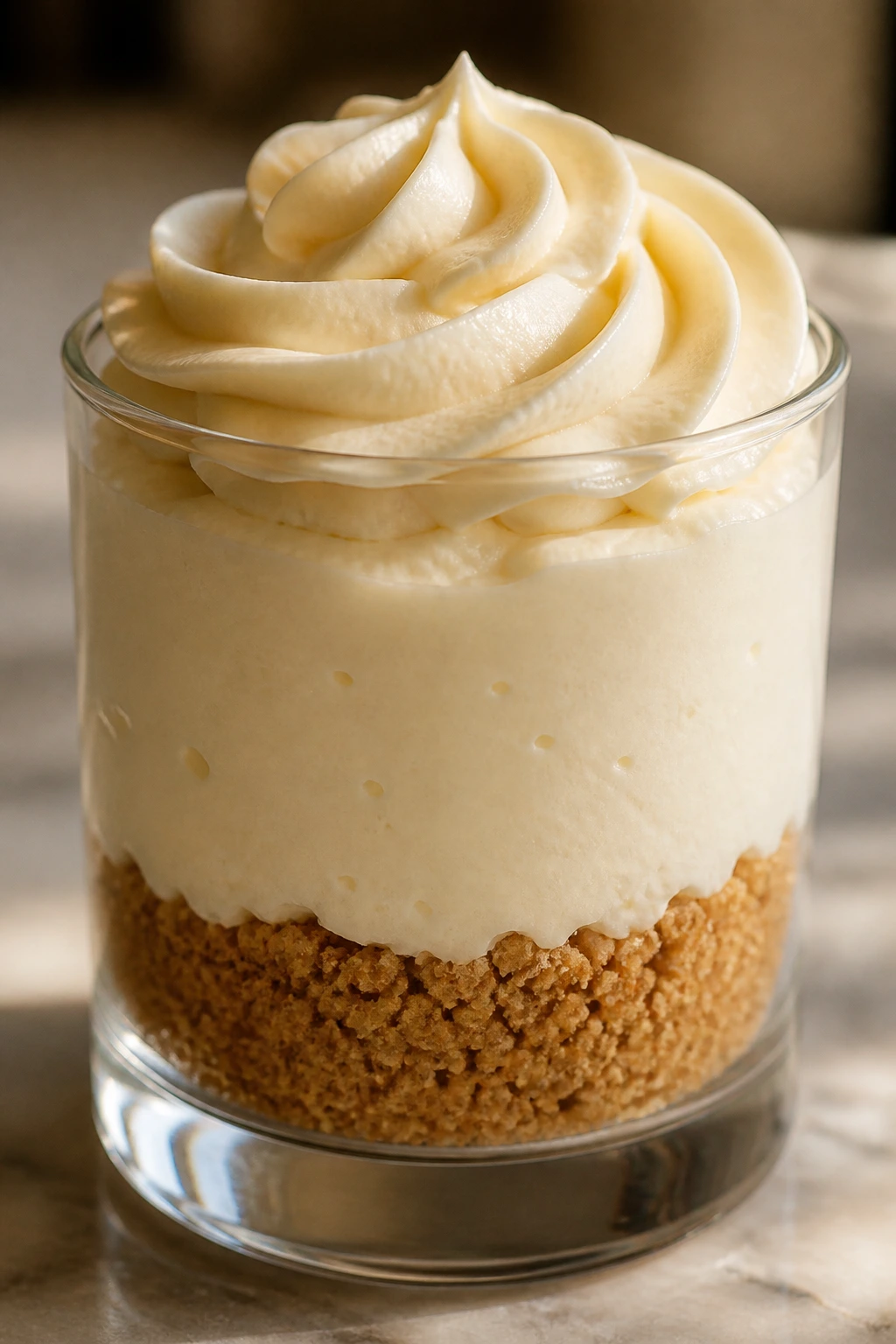Parfait glass with visible layers and glossy frosting, warm kitchen lighting and blurred countertop background.