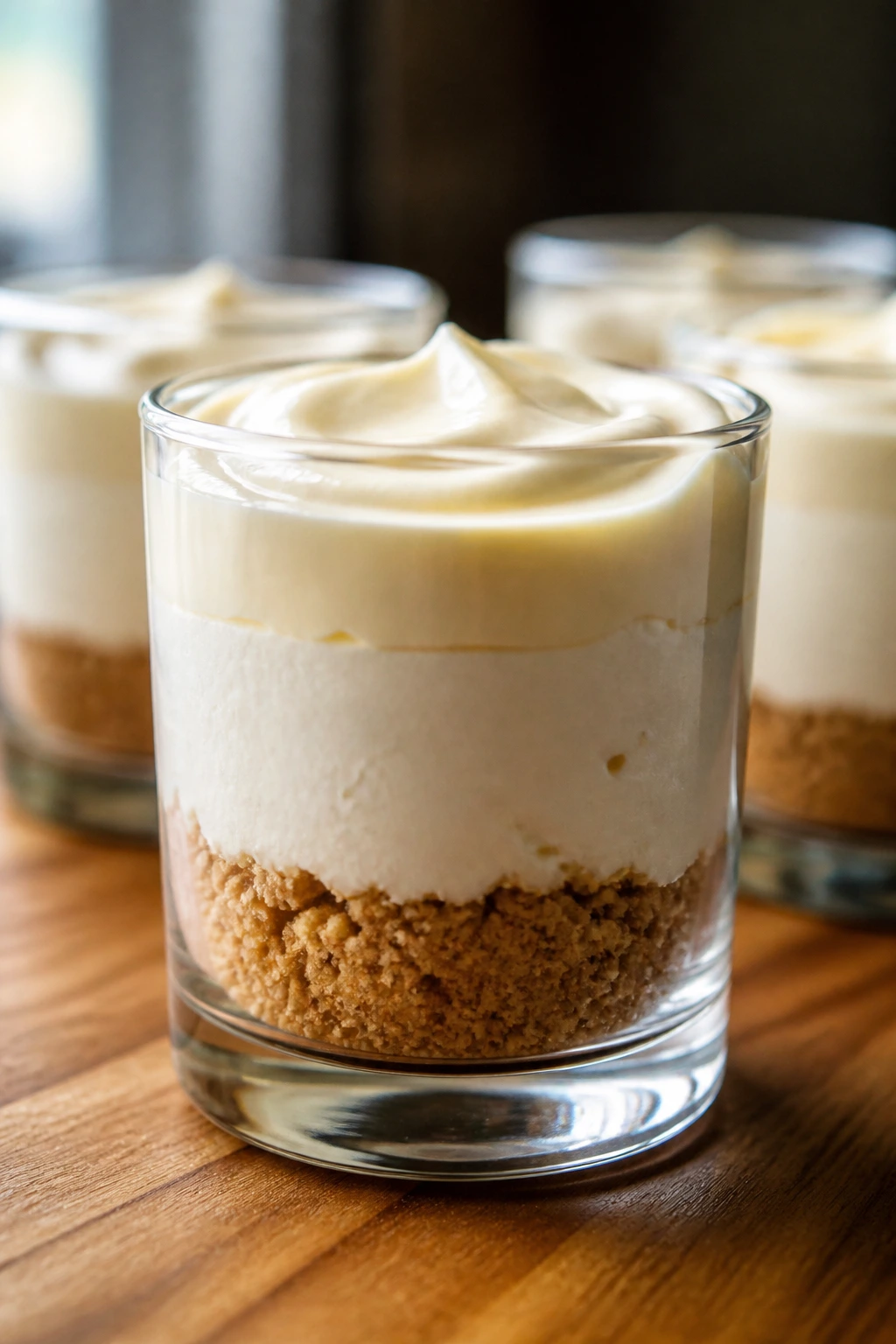 Close-up of cheesecake parfait in a clear glass with distinct layered textures on a wooden counter