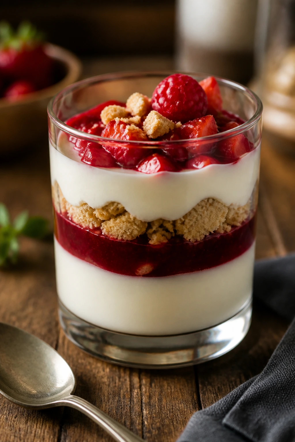Layered panna cotta parfait in a clear glass on a wooden surface, elegant serving idea.