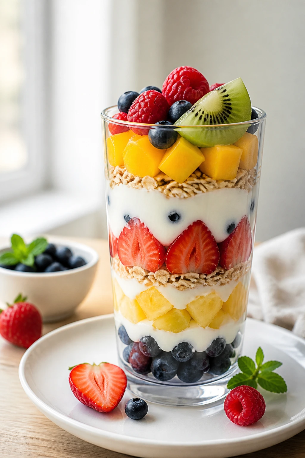 Layered fruit parfait in a glass on a white plate