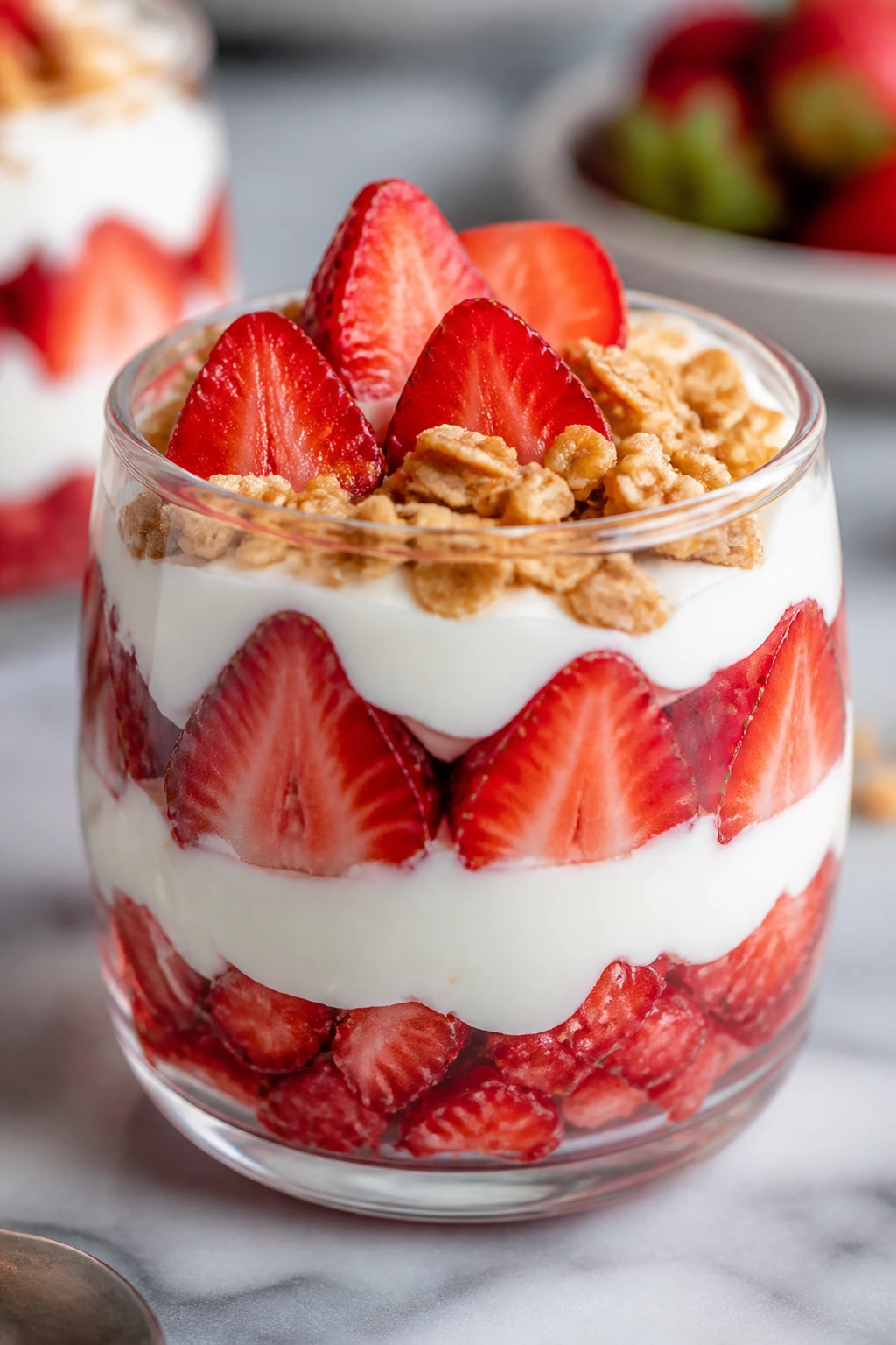 Layered strawberries and cream parfait in a clear glass with granola topping.