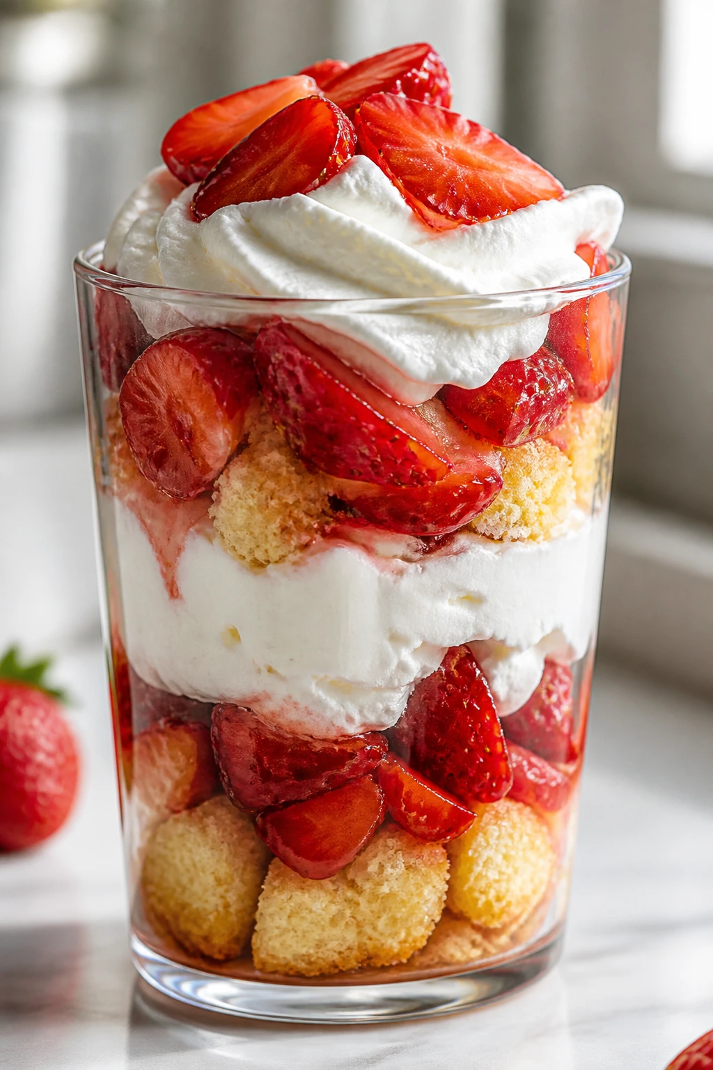 Tall parfait glass showing layered shortcake, strawberries, and cream