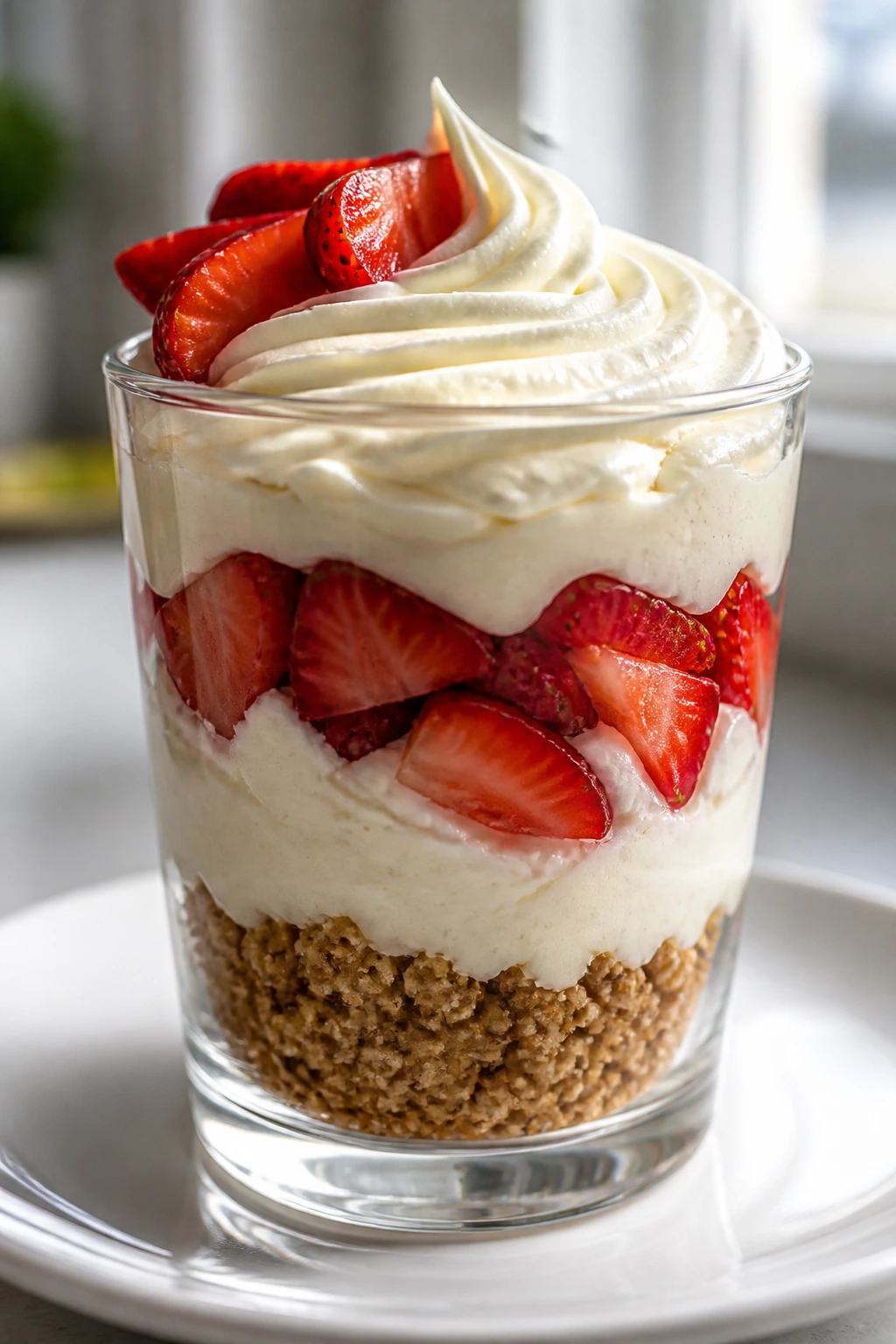 Parfait with strawberry slices between layers in a glass