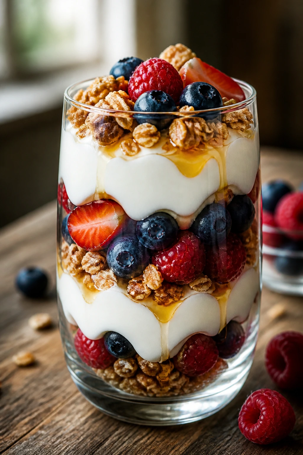 Close-up of berry yogurt parfait in a clear glass with visible layers.
