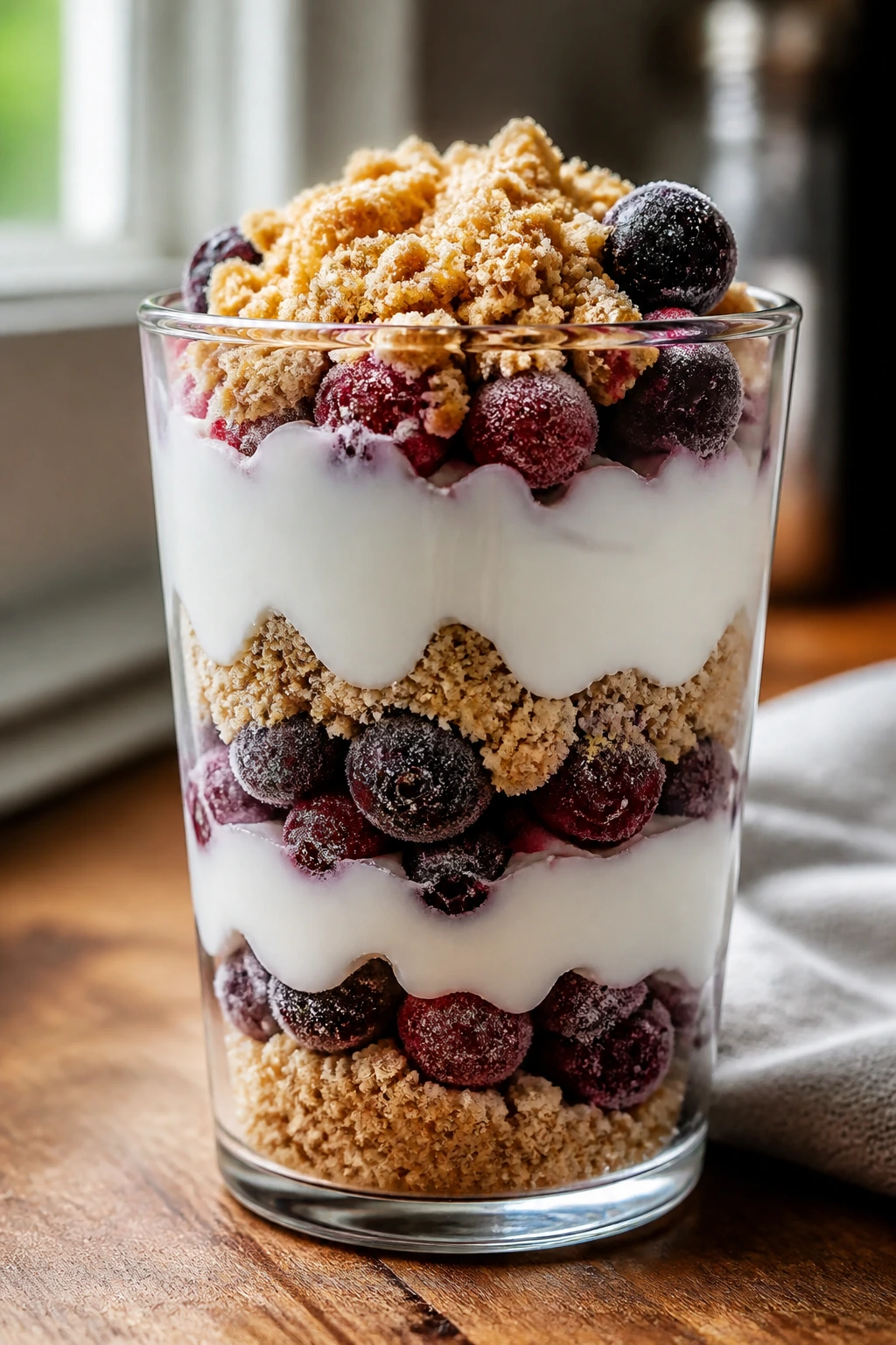 Close-up of a glass parfait showing layered frozen berries, yogurt, and graham crumble