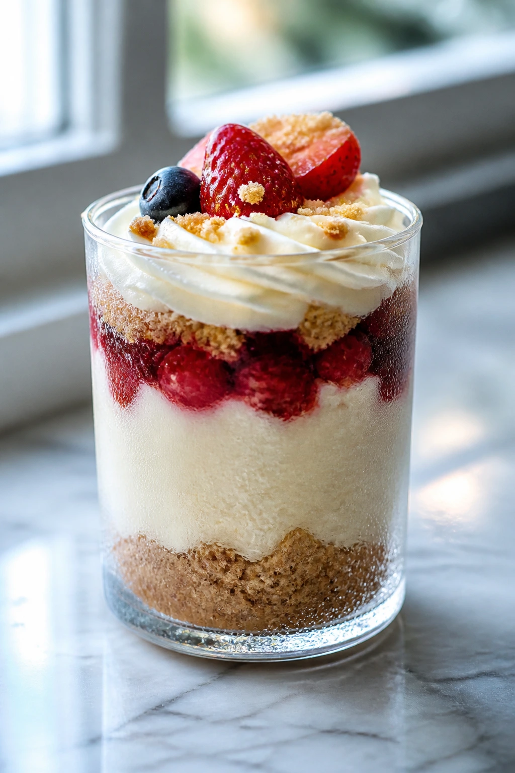 Parfait in glass with condensation on a cool marble surface