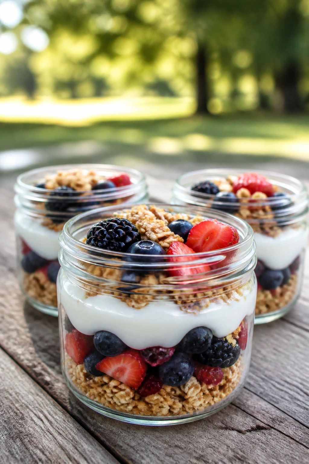 Close-up of layered yogurt, berries, and granola parfaits in glass jars on a rustic picnic table.