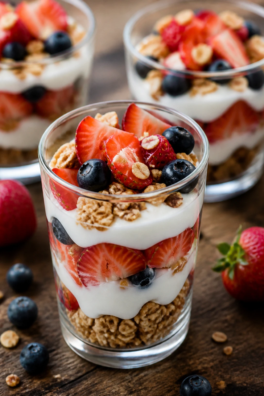 Close-up of layered strawberry yogurt parfaits with berries and granola in clear cups on a kitchen counter