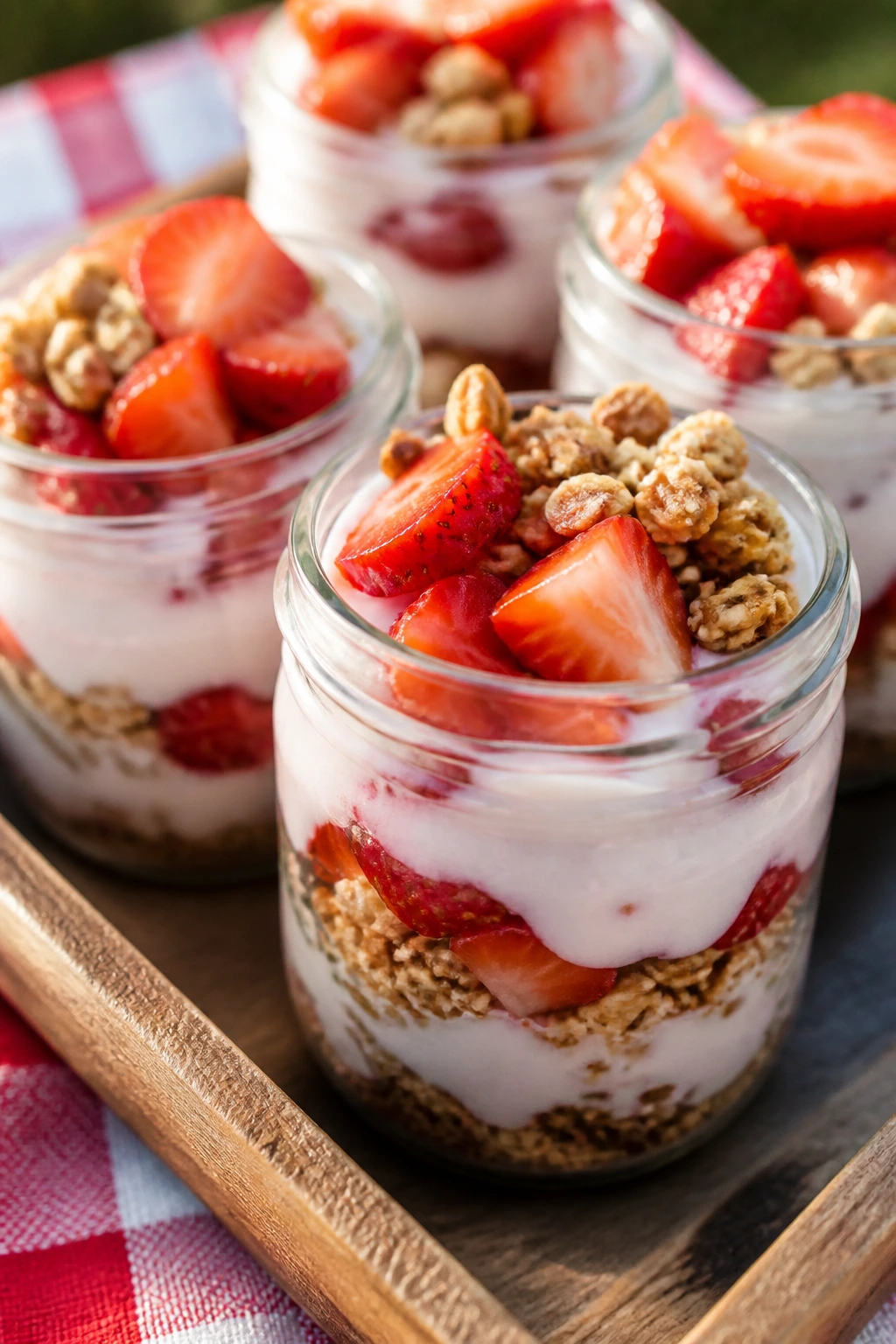 Strawberry yogurt parfaits in clear jars on a picnic blanket