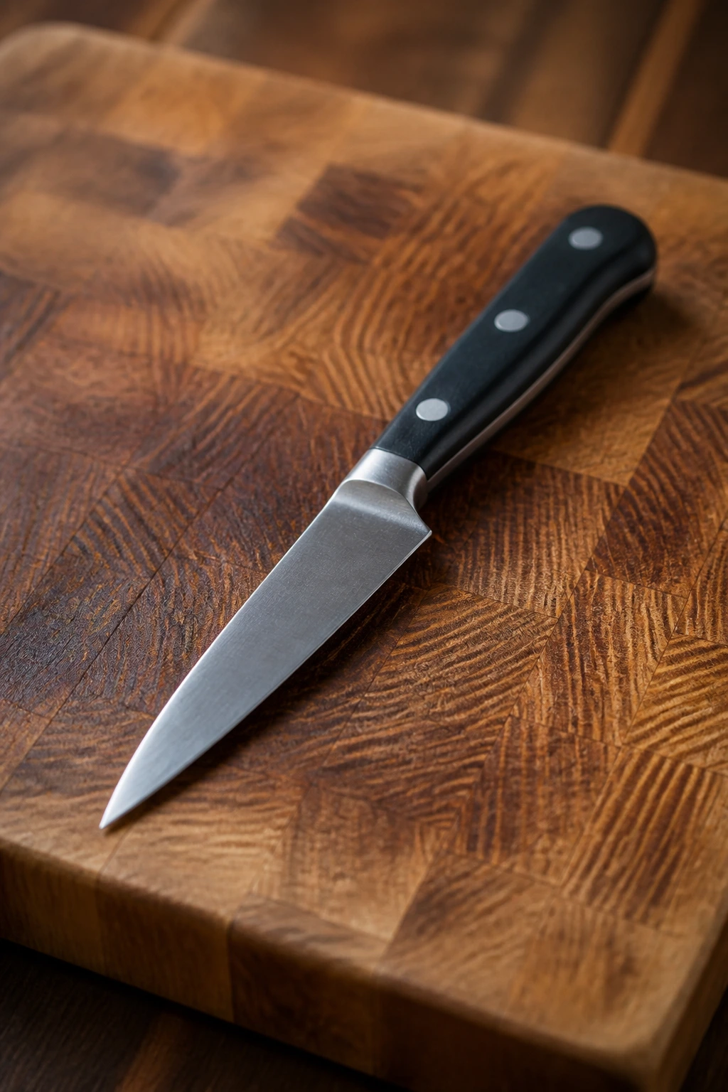 Sharp paring knife on cutting board in kitchen