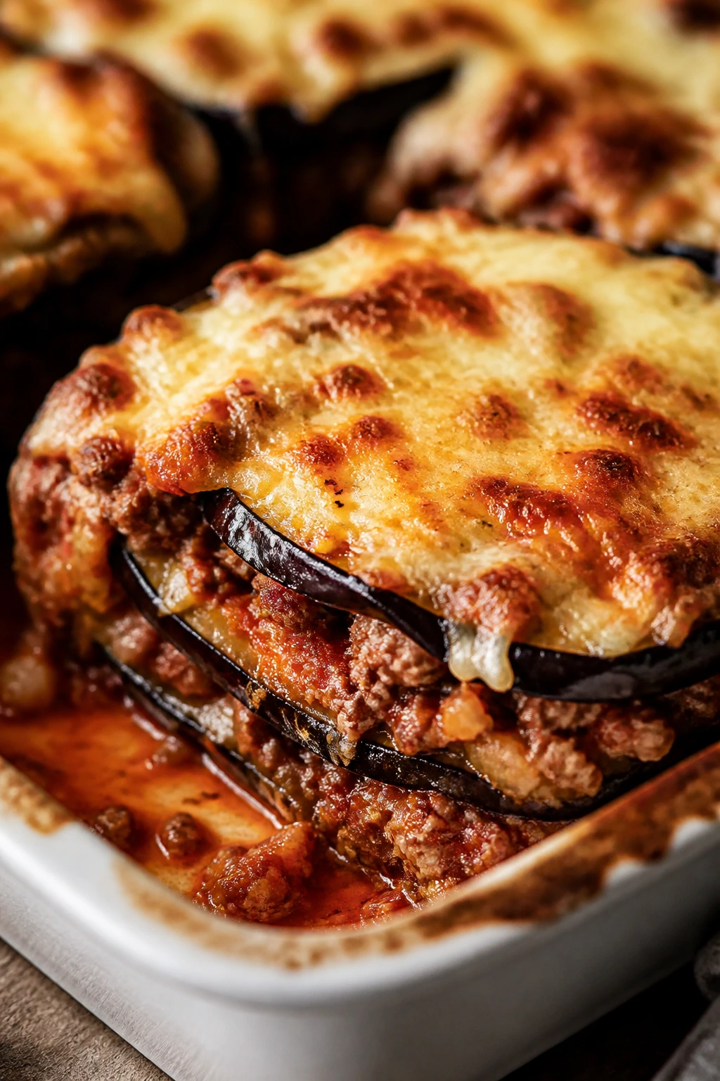 Close-up of parmesan beef and eggplant bake with melted cheese