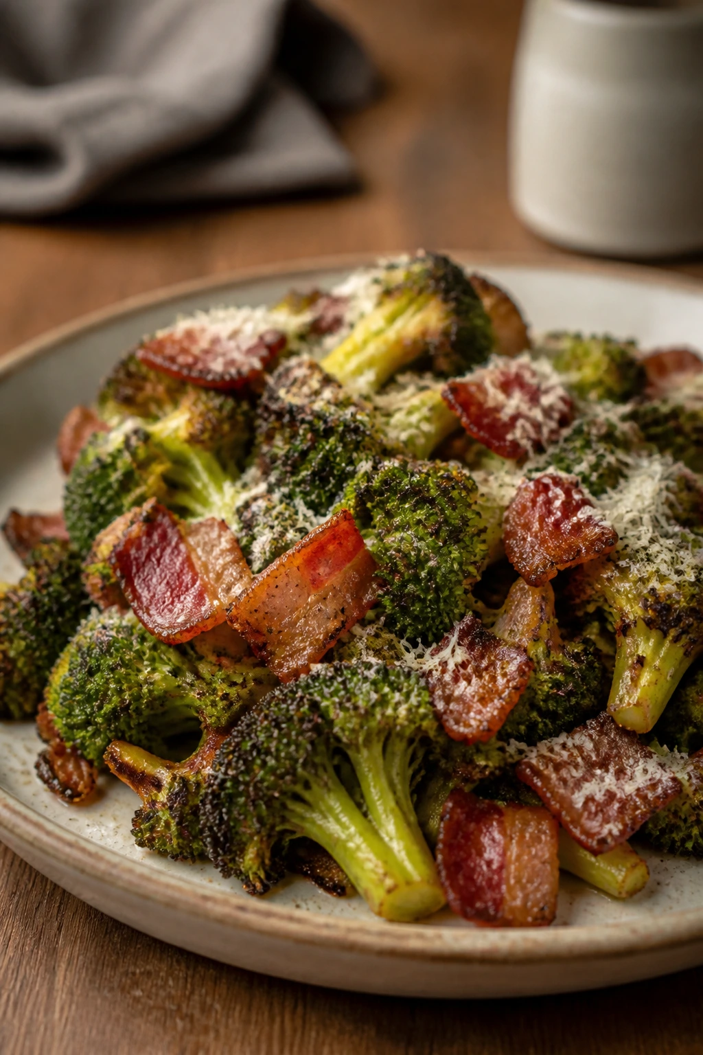 Plate of broccoli and bacon with parmesan finish on wooden table