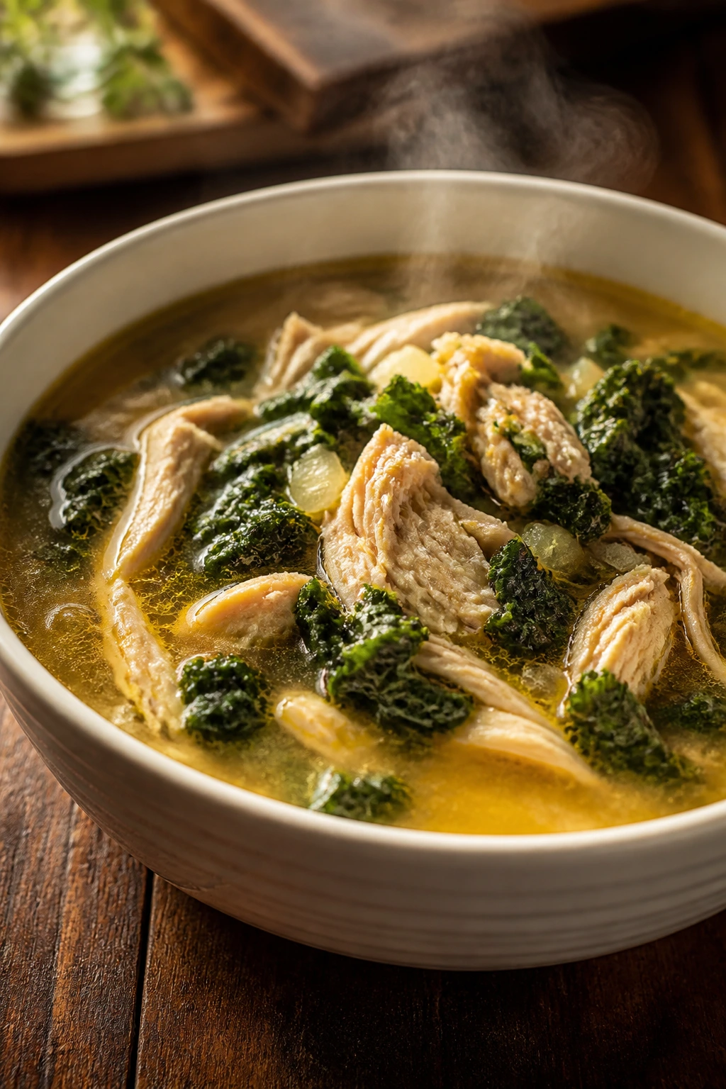 Bowl of chicken and kale in parmesan broth with steam