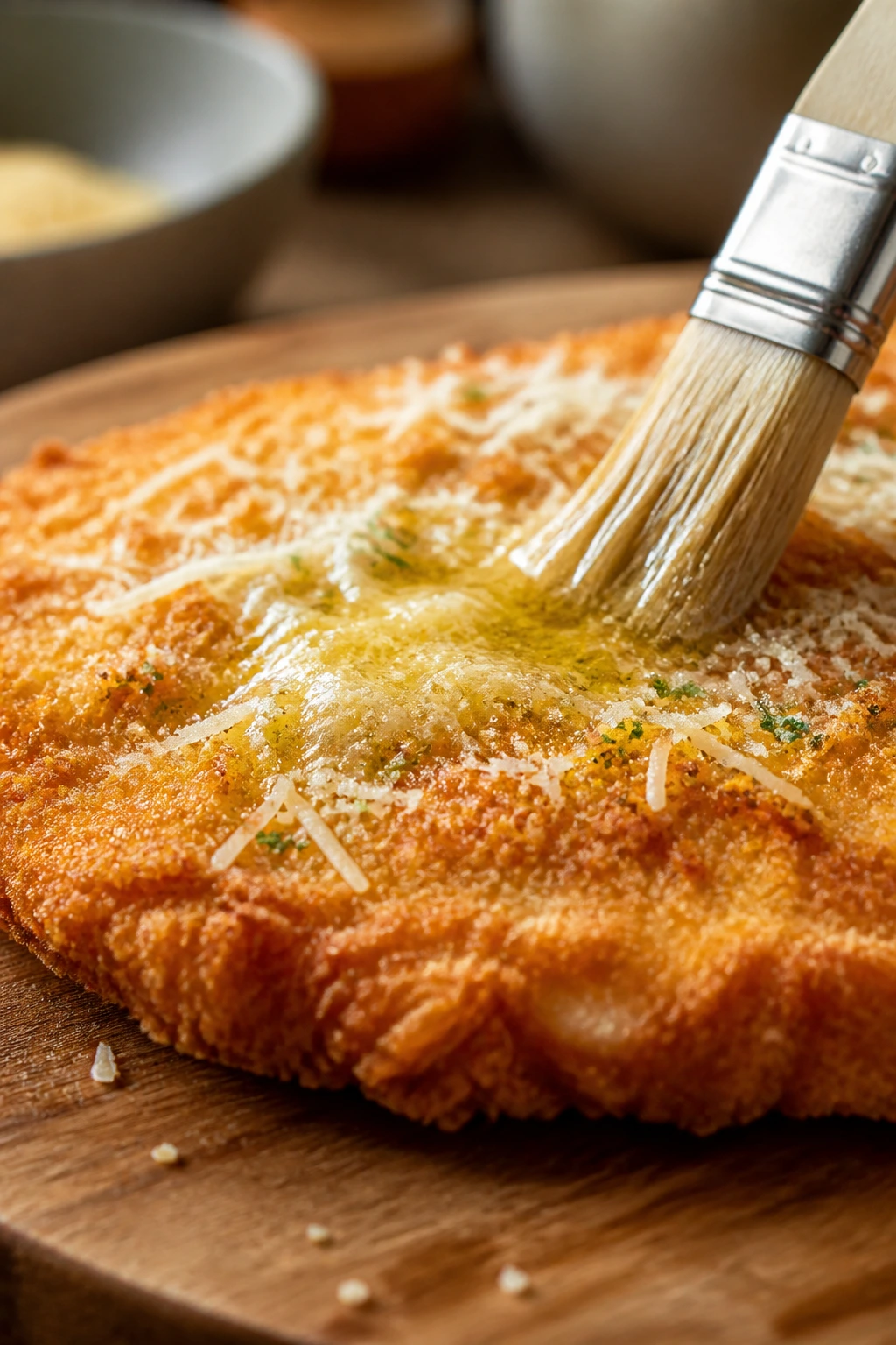 Crispy breaded item with parmesan dusting and butter finish