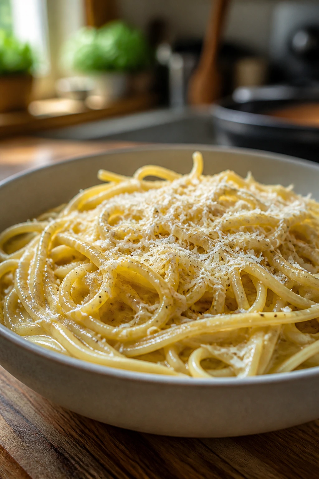 Buttered noodles with parmesan on top in a cozy kitchen