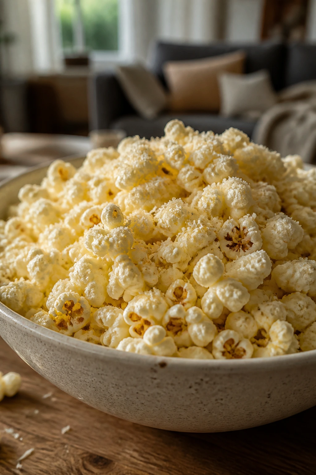 Parmesan butter popcorn in a bowl on a coffee table.