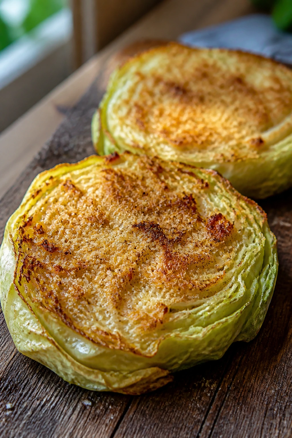 Close-up of parmesan crusted cabbage steaks on wooden board in a warm kitchen