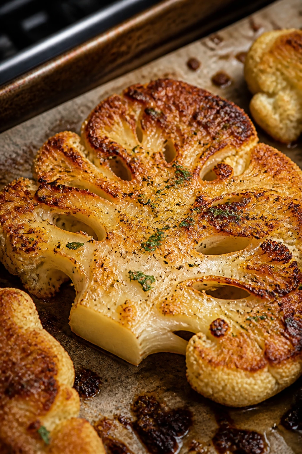 Close-up of parmesan-crusted roasted cauliflower steaks on a baking sheet