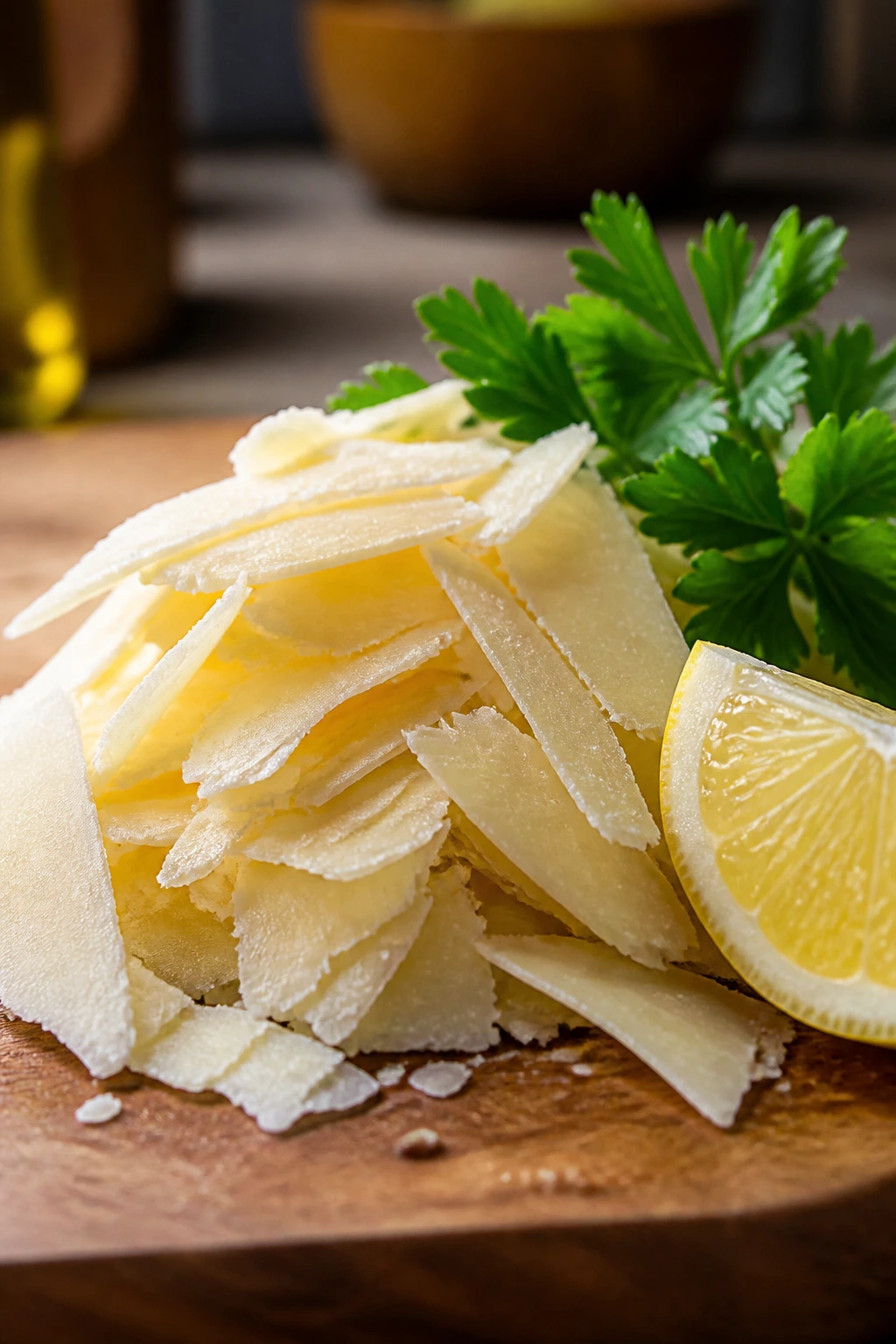 Parmesan shavings with lemon and parsley on a wooden board