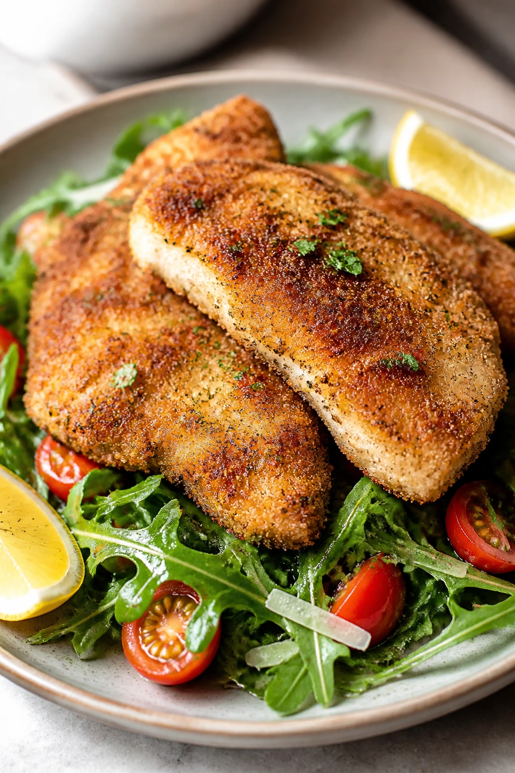 Parmesan crusted chicken cutlets with arugula salad on plate
