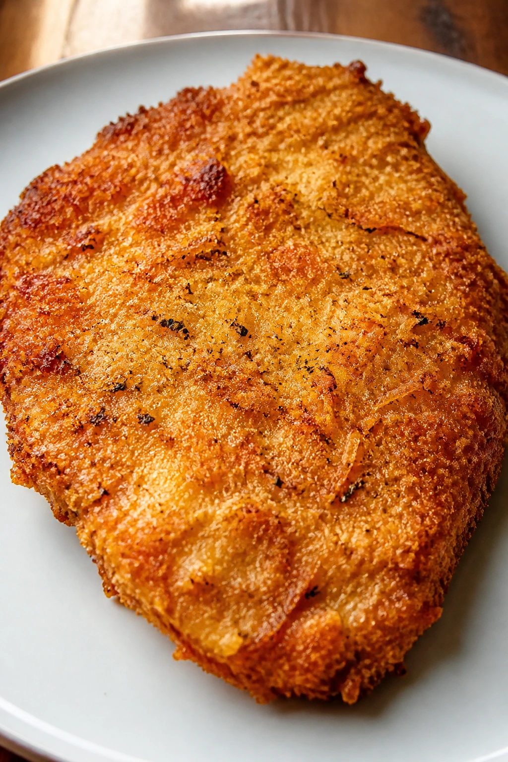 Crispy parmesan crust chicken cutlet on white plate in cozy kitchen