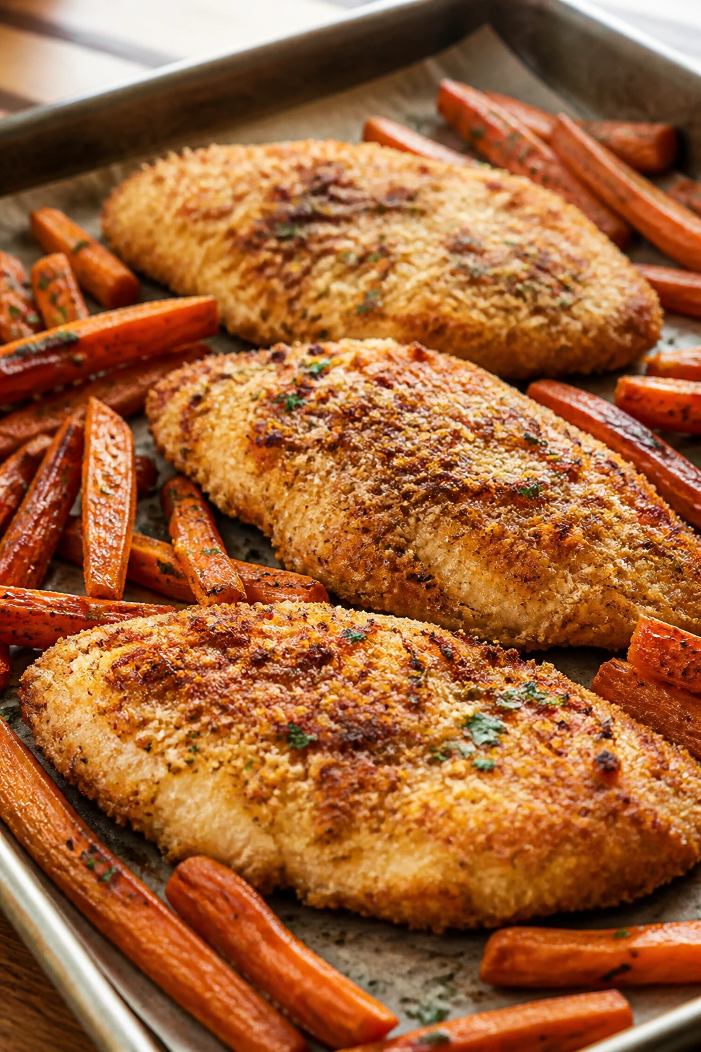 Close-up of parmesan-crusted chicken with roasted carrots on a sheet pan