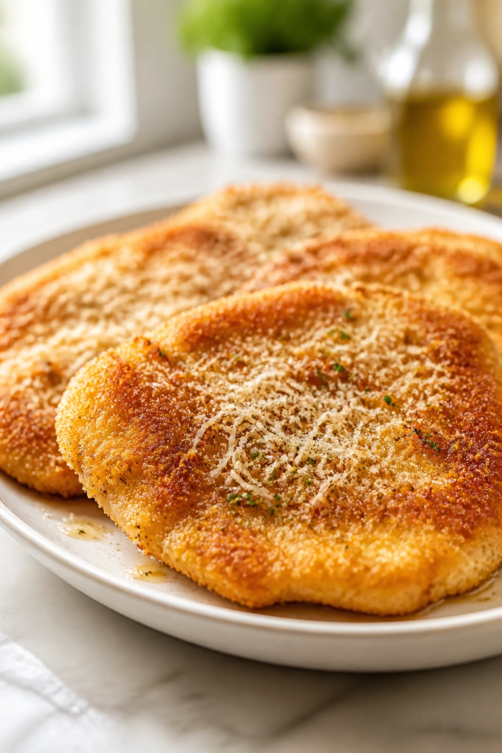 Plate of Parmesan chicken cutlets, golden and crispy
