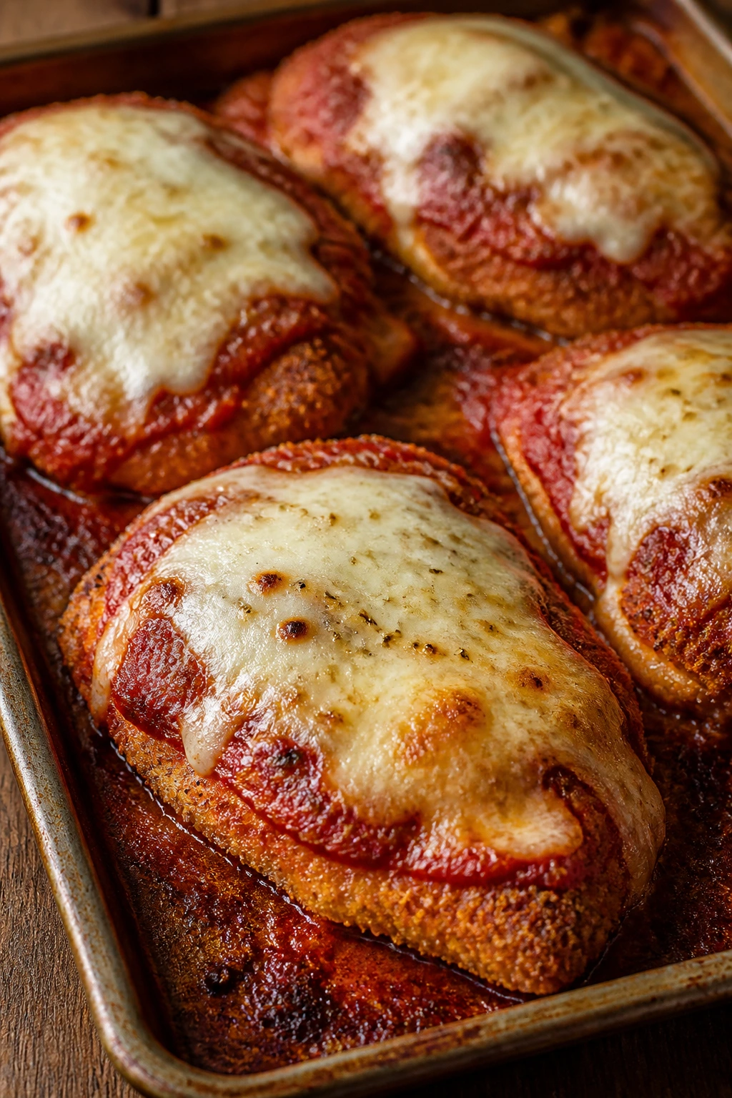 Close-up of baked parmesan chicken with marinara and mozzarella