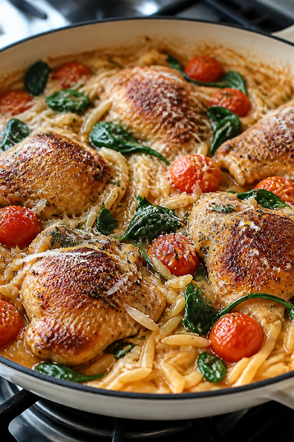 One-pan parmesan chicken and orzo in a skillet with tomatoes and spinach.