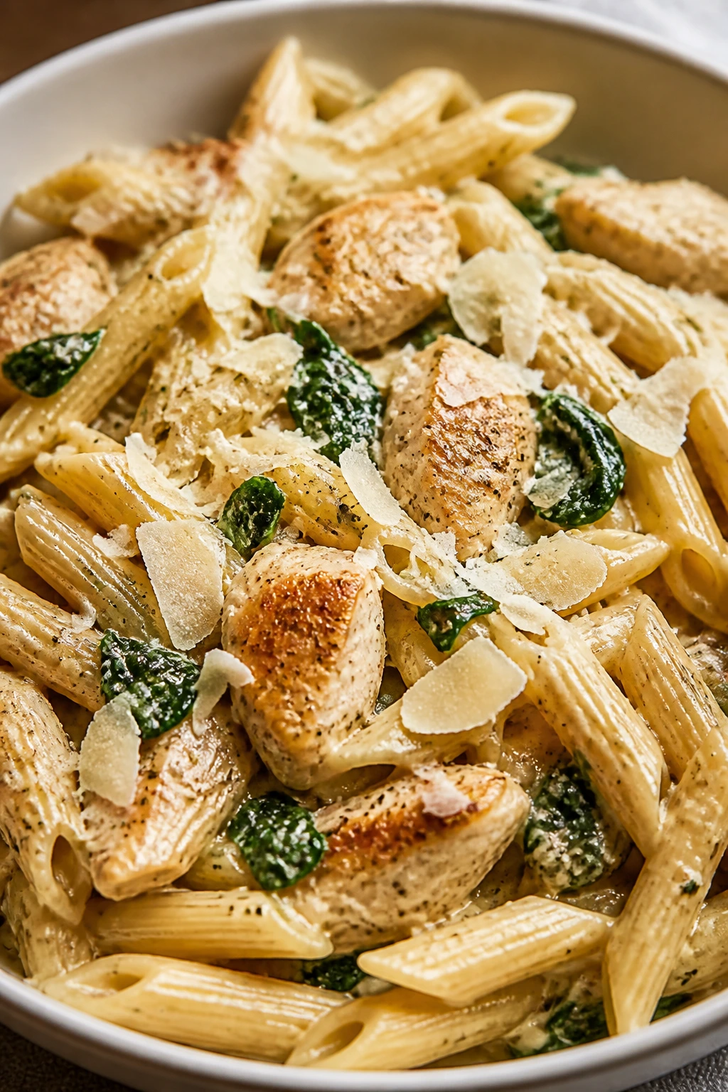 Close-up of parmesan chicken pasta in a bowl.