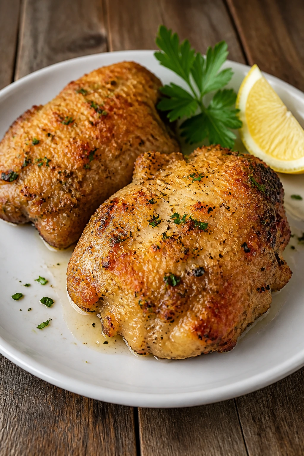Close-up plate of roasted parmesan chicken thighs with parsley and lemon on a rustic wooden table