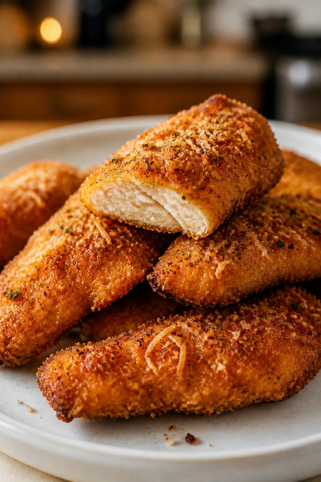 Close-up of parmesan-crusted chicken tenders on a plate