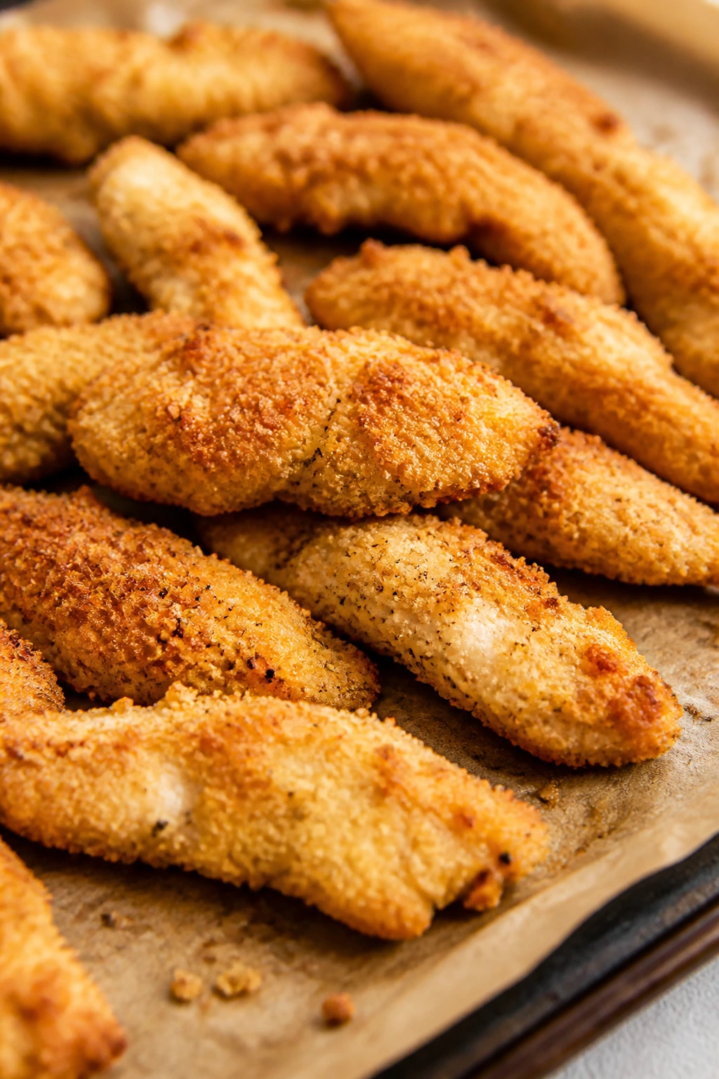 Close-up of crispy Parmesan-crusted chicken tenders on a parchment-lined baking sheet in a warm kitchen