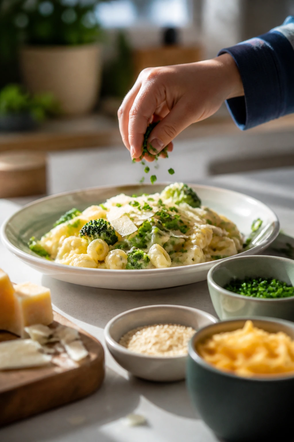 Plate finished with parmesan, chives, and cheddar toppings