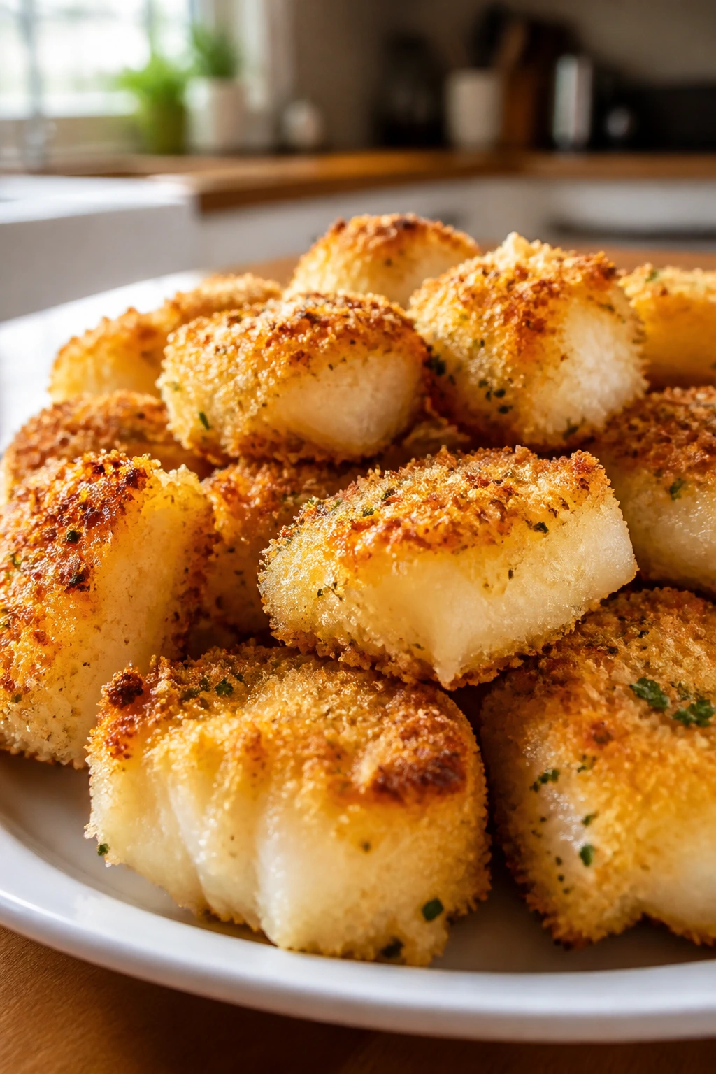 Close-up of parmesan-crusted cod bites on a plate.