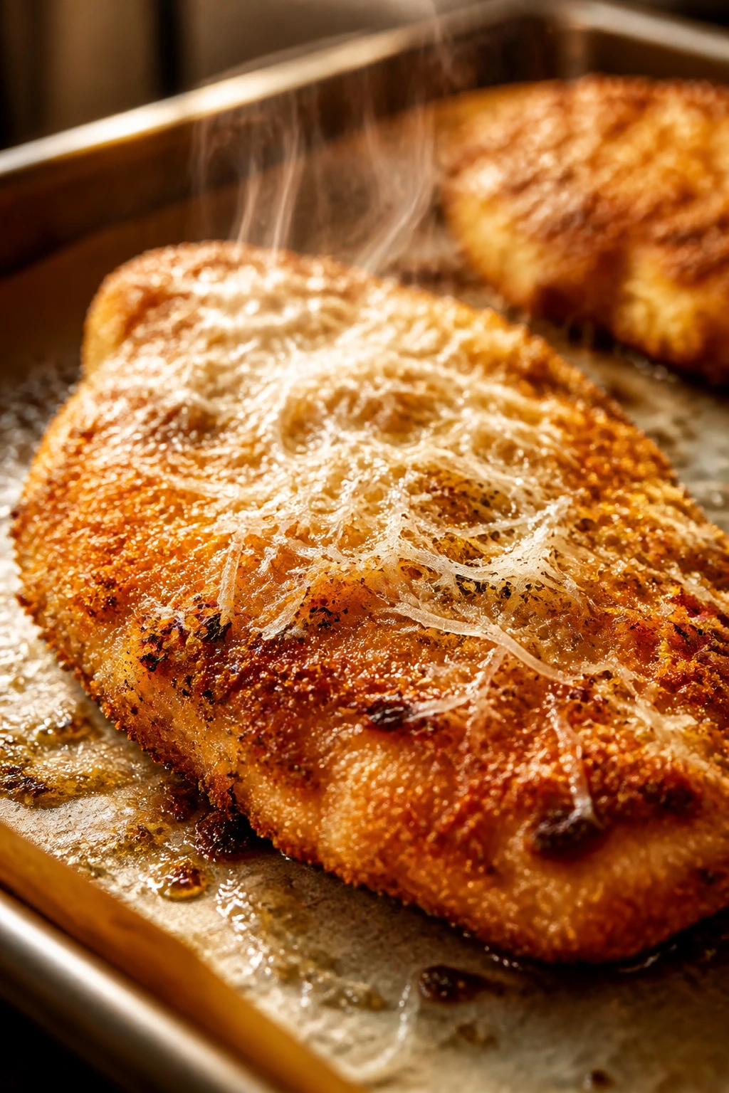 Close-up of Parmesan-topped crispy chicken cutlet on a kitchen surface