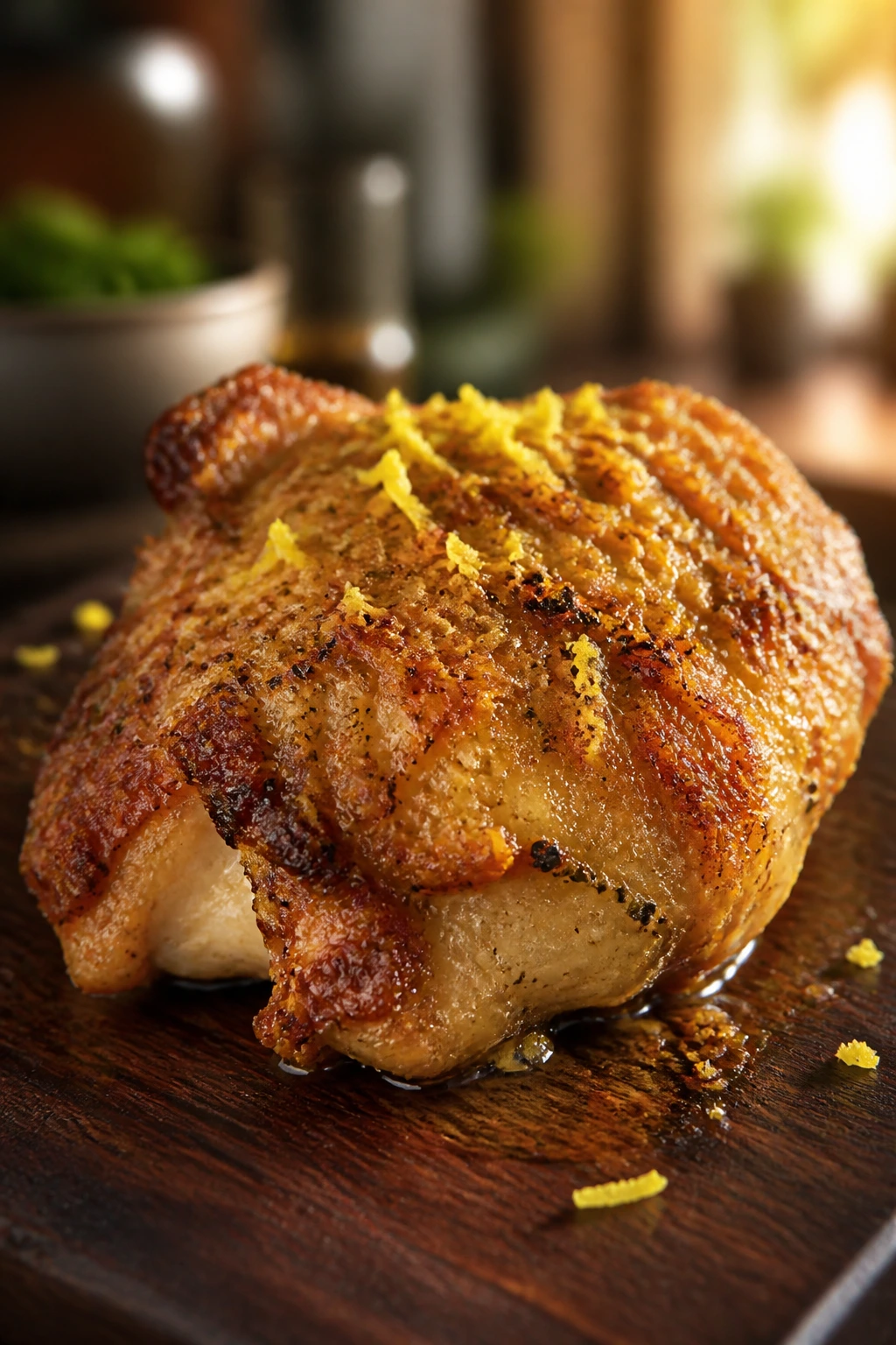 Close-up of parmesan crusted chicken thigh with lemon zest on a dark board