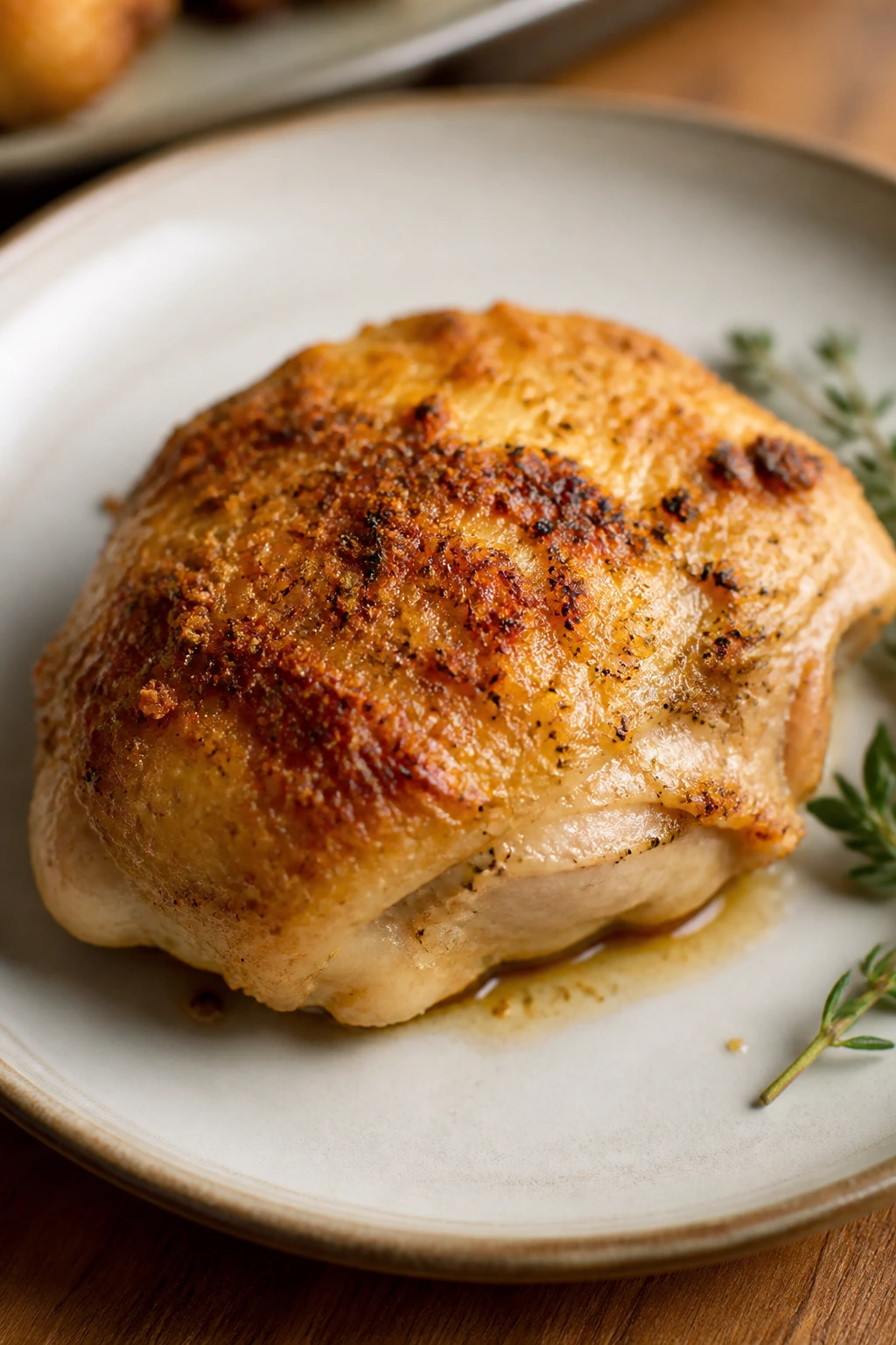Parmesan-crusted roasted chicken thigh on a plain plate.