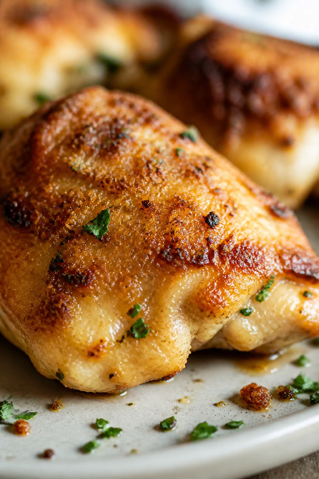 Golden Parmesan crusted chicken thigh close-up.