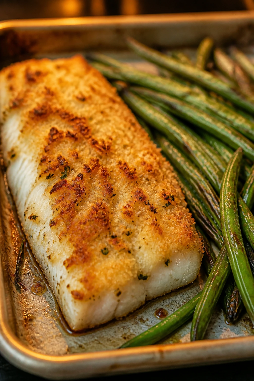 Parmesan-crusted cod with green beans on a sheet pan