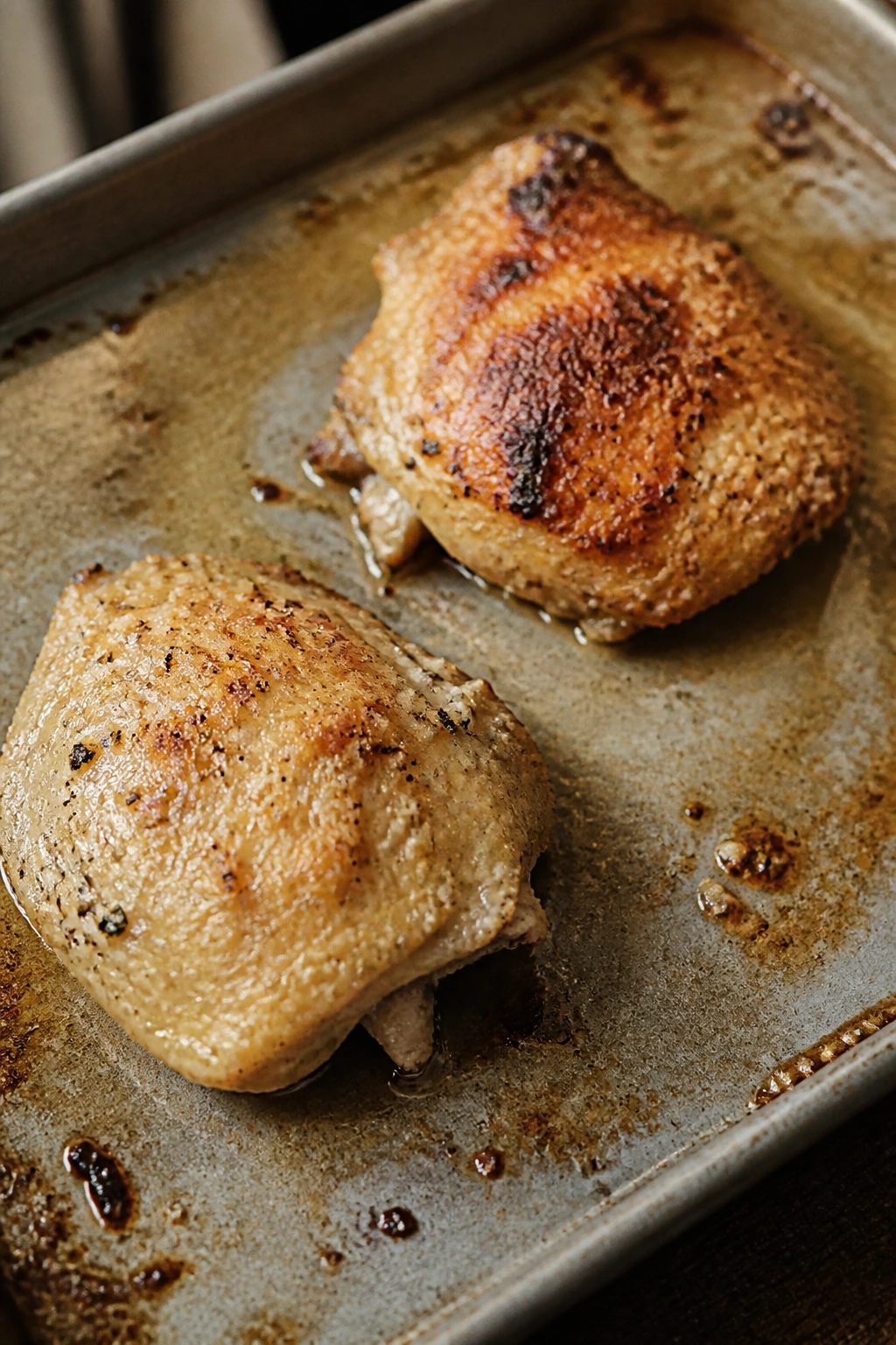 Chicken thighs on a pan with uneven browning and moisture