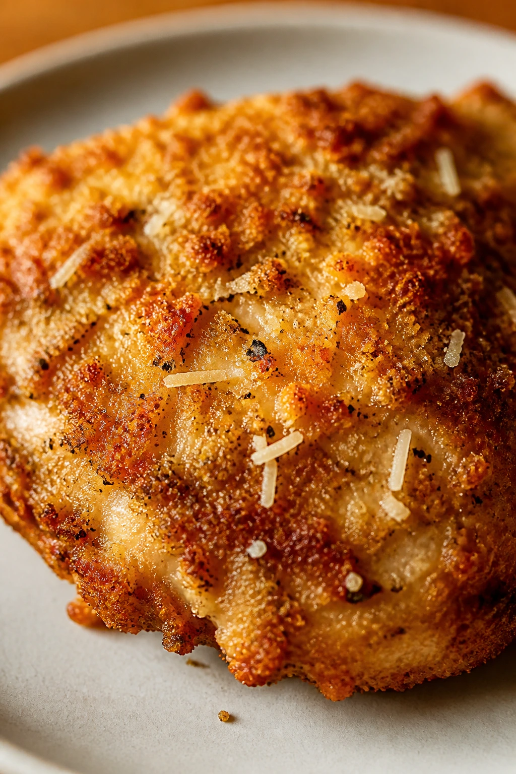 Parmesan crust fried chicken close-up with parmesan flecks