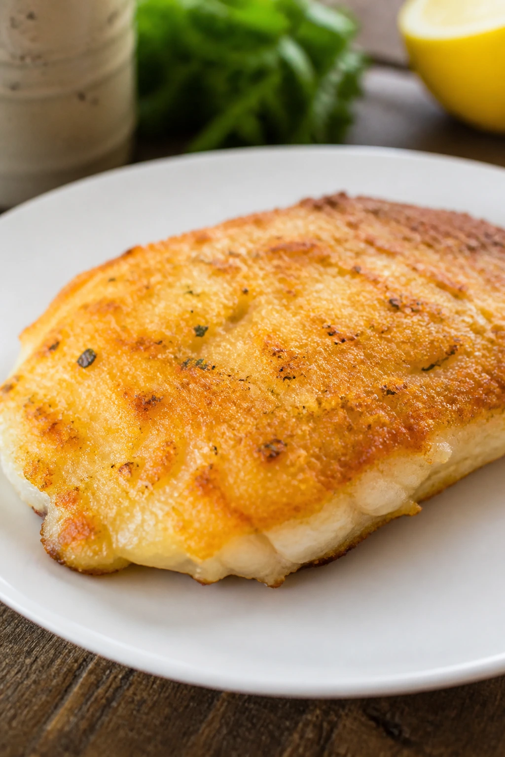 Close-up of parmesan-crusted tilapia fillet on plate, golden crust