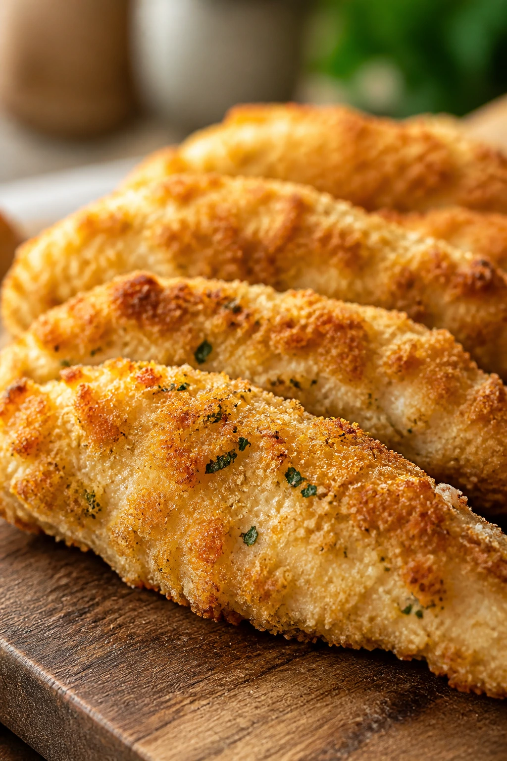 Parmesan crusted chicken tenders on a wooden board