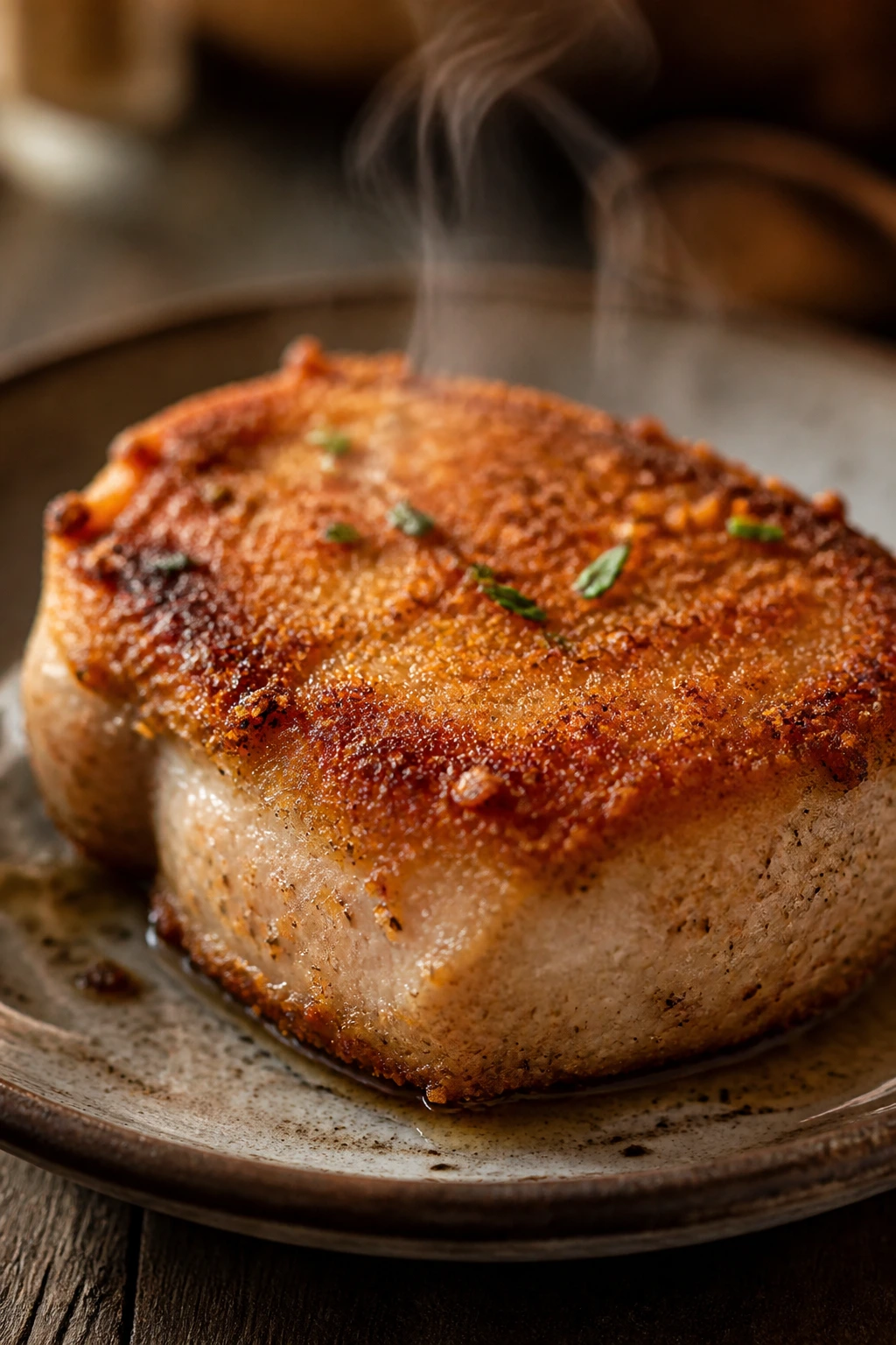 Parmesan crusted pork chop on plate in warm kitchen light